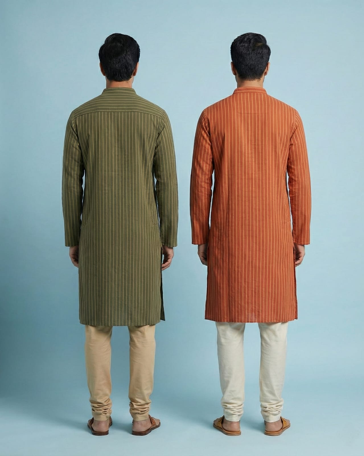 Pack of 2: Premium Khadi Cotton Kurta Combo - Striped Olive Green & Rust
