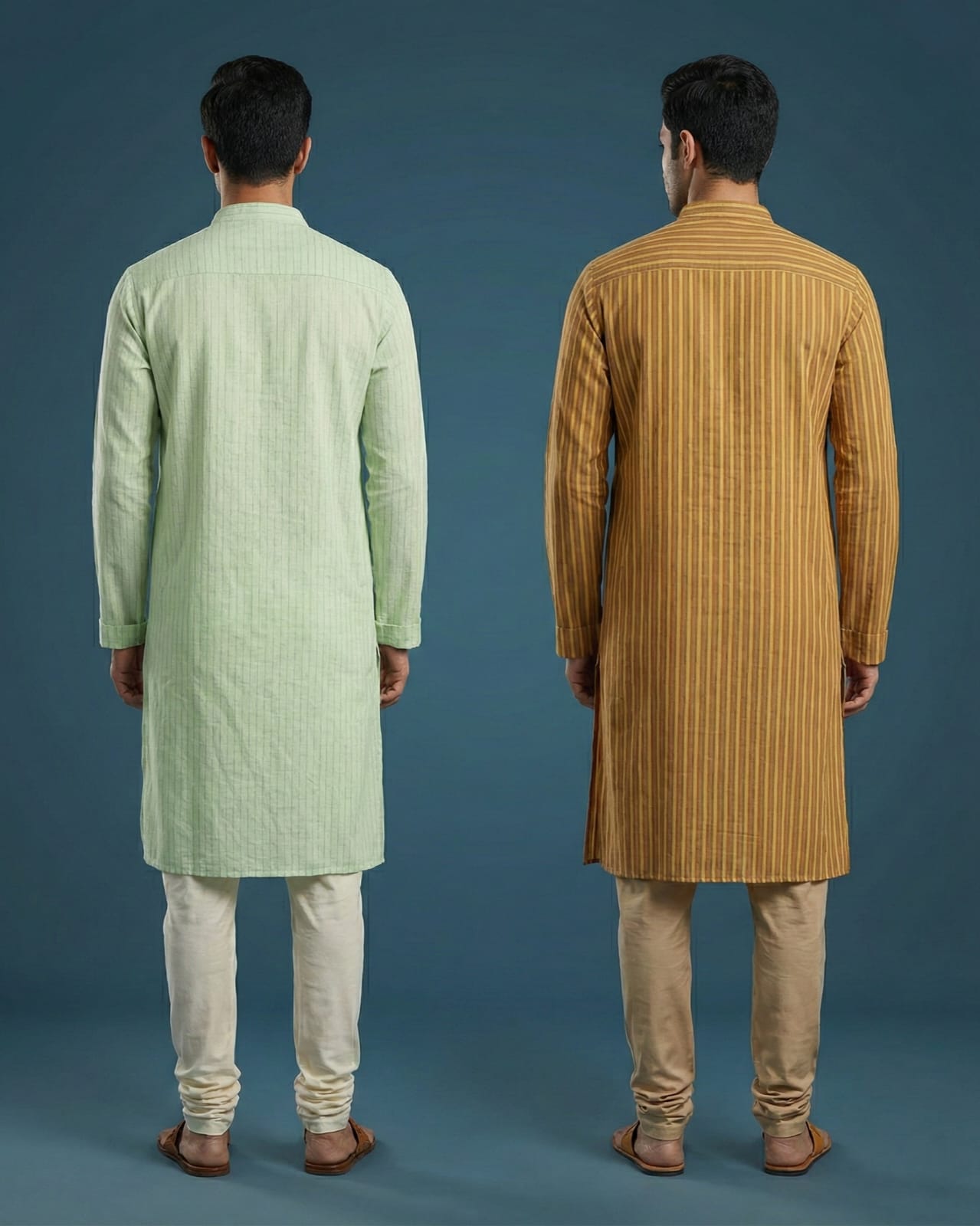 Pack of 2: Premium Khadi Cotton Kurta Combo - Striped Mint Green & Mustard