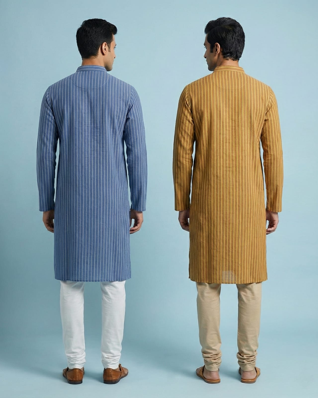 Pack of 2: Premium Khadi Cotton Kurta Combo - Striped Blue & Mustard