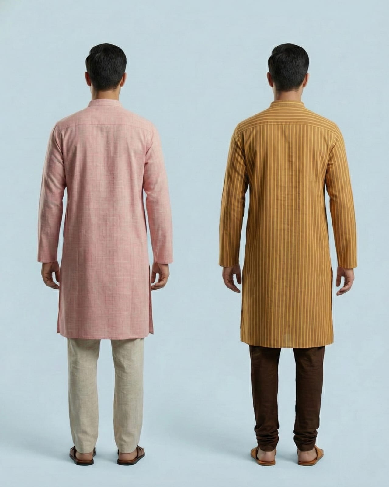 Pack of 2: Premium Khadi Cotton Kurta Combo - Textured Pink & Striped Mustard