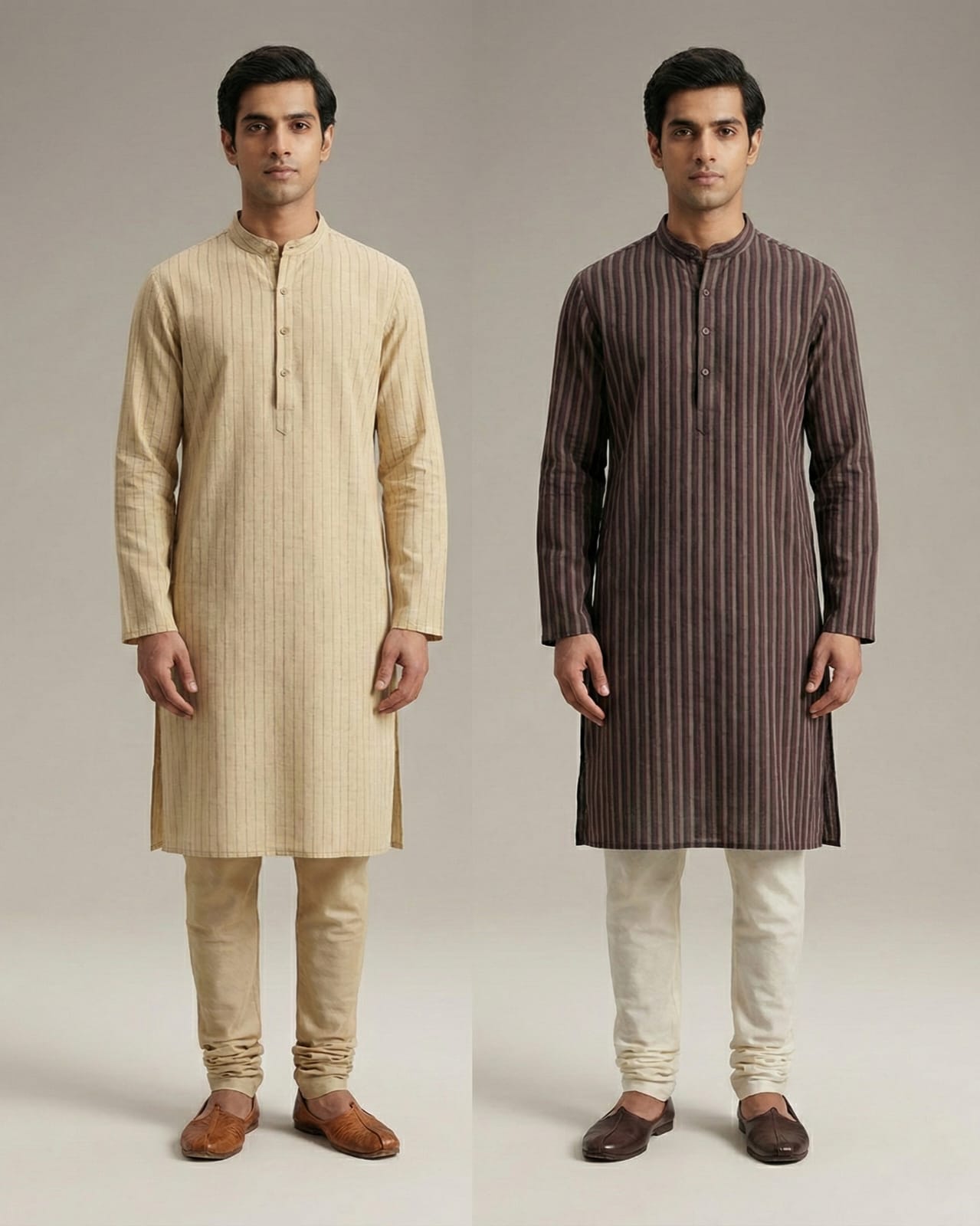 Pack of 2: Premium Khadi Cotton Kurta Combo - Striped Beige & Dark Brown