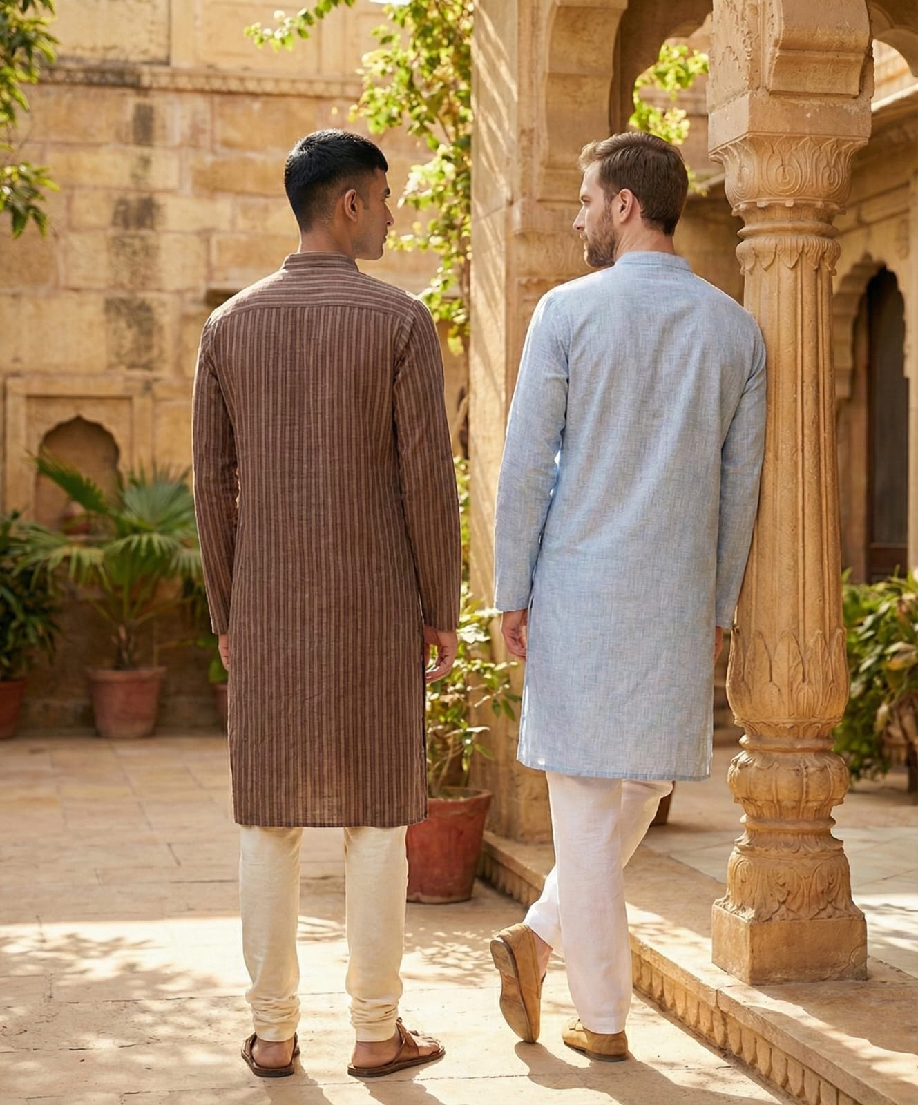Back view of two male models wearing standalone long kurtas in a sunny courtyard. The image highlights the back fit, shoulder structure, and fall of the brown striped kurta and the light blue textured kurta.