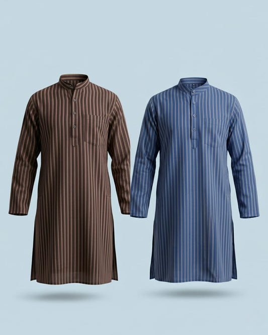 Pack of 2: Premium Khadi Cotton Kurta Combo - Striped Brown & Blue