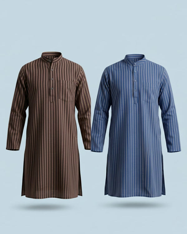 Pack of 2: Premium Khadi Cotton Kurta Combo - Striped Brown & Blue