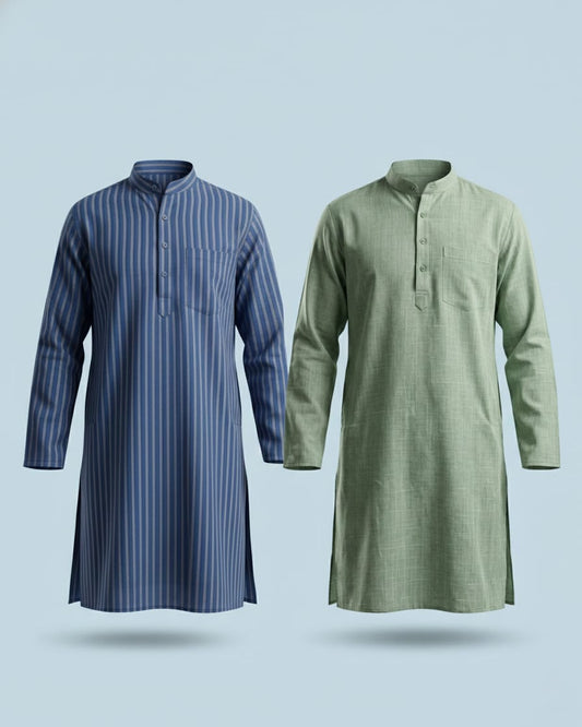 Pack of 2: Premium Khadi Cotton Kurta Combo - Striped Blue & Mint Green