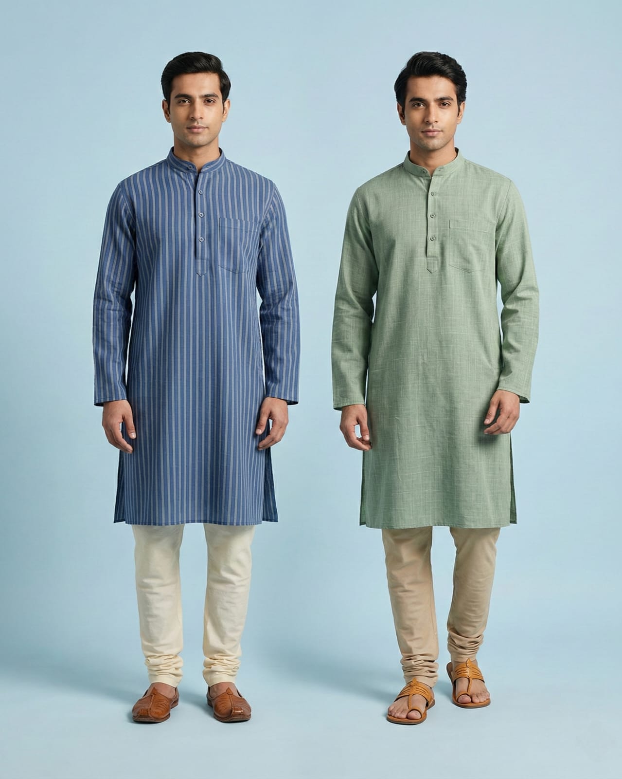 Pack of 2: Premium Khadi Cotton Kurta Combo - Striped Blue & Mint Green