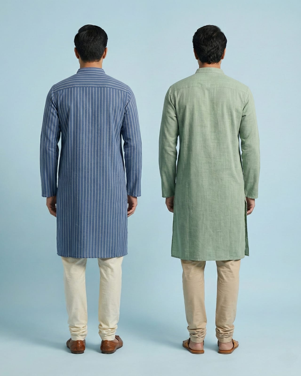 Pack of 2: Premium Khadi Cotton Kurta Combo - Striped Blue & Mint Green