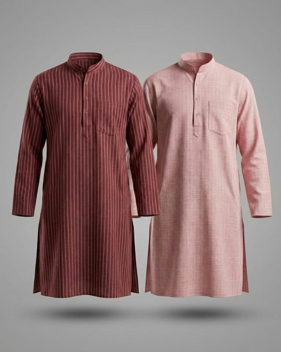 Pack of 2: Premium Khadi Cotton Kurta Combo - Striped Maroon & Soft Pink