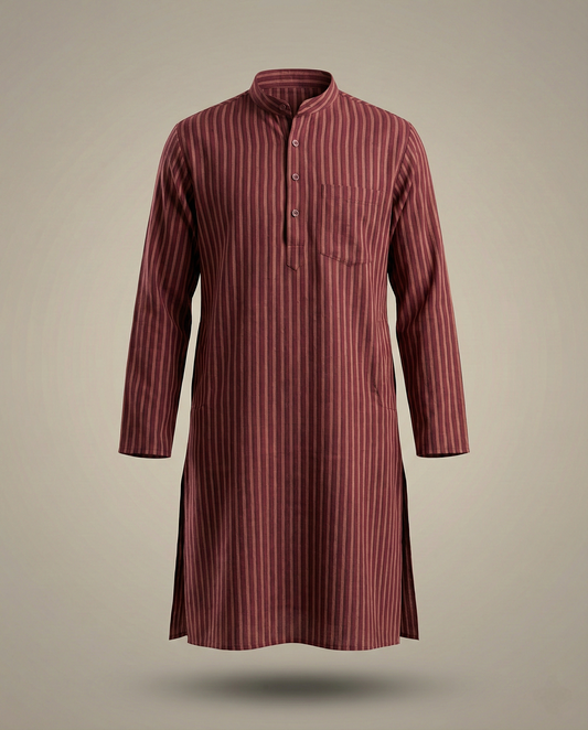 Handwoven Khadi Stripe Kurta – Deep Maroon Heritage