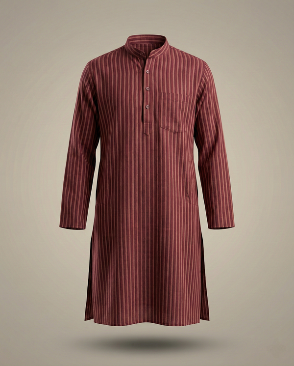 Handwoven Khadi Stripe Kurta – Deep Maroon Heritage