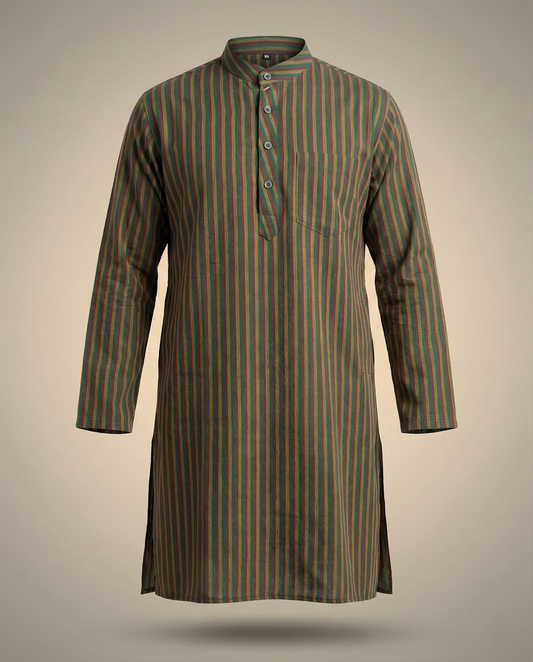 Handwoven Khadi Stripe Kurta – Forest Green Heritage