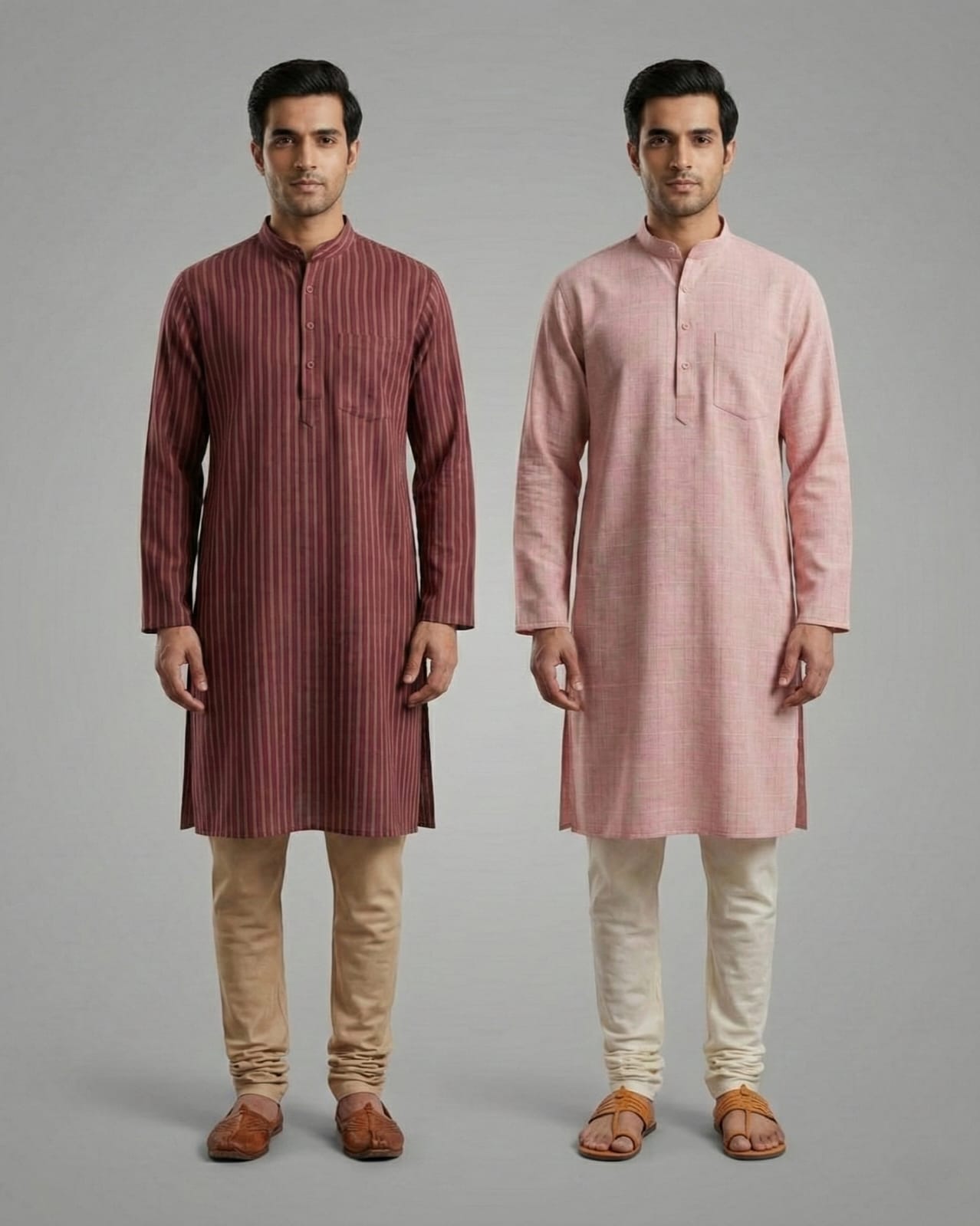 Pack of 2: Premium Khadi Cotton Kurta Combo - Striped Maroon & Soft Pink