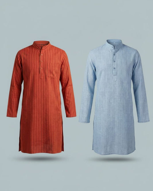 Pack of 2: Premium Khadi Cotton Kurta Combo - Striped Rust & Light Blue