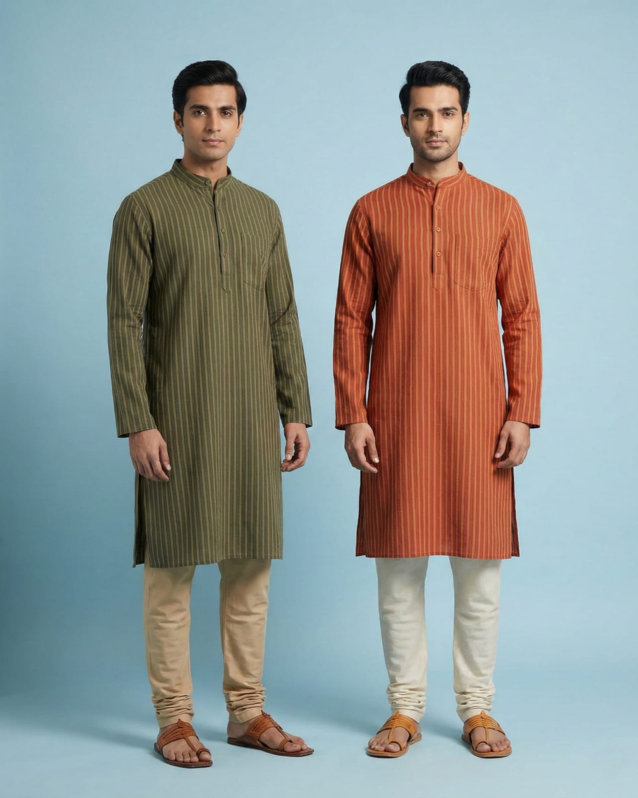 Pack of 2: Premium Khadi Cotton Kurta Combo - Striped Olive Green & Rust