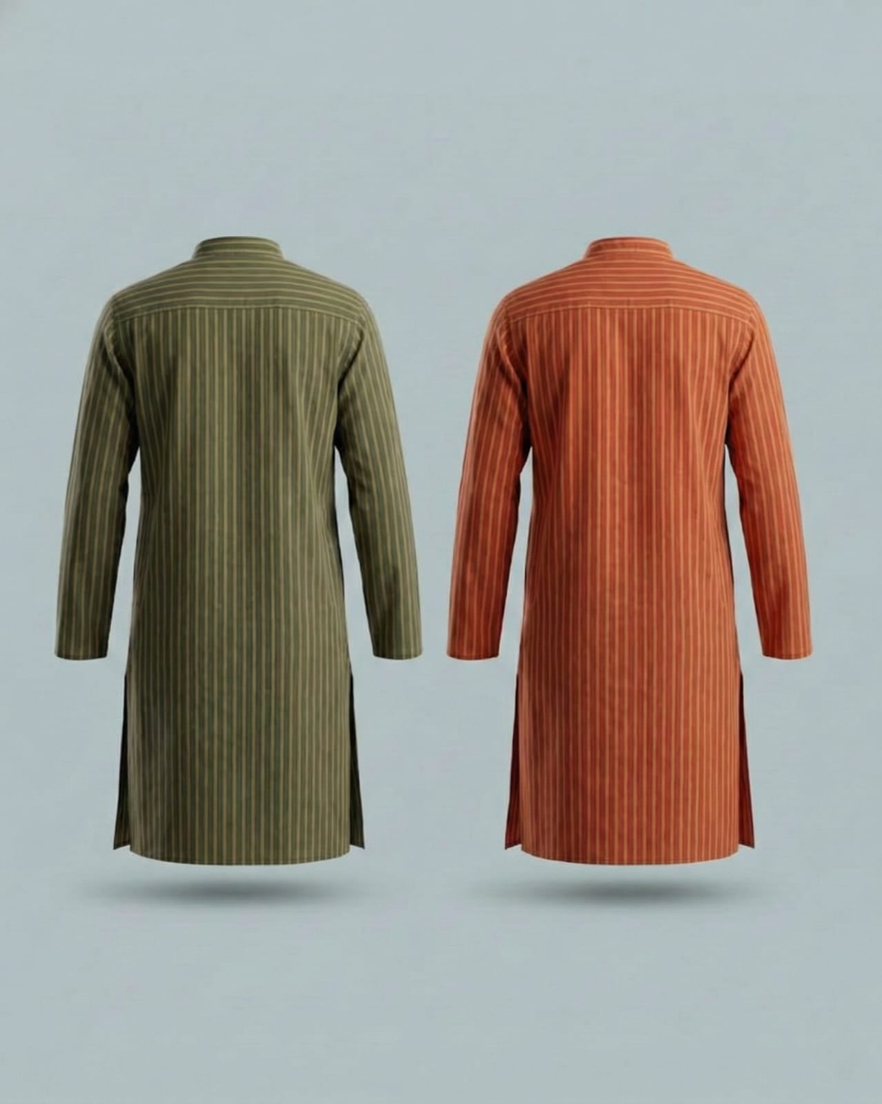 Pack of 2: Premium Khadi Cotton Kurta Combo - Striped Olive Green & Rust