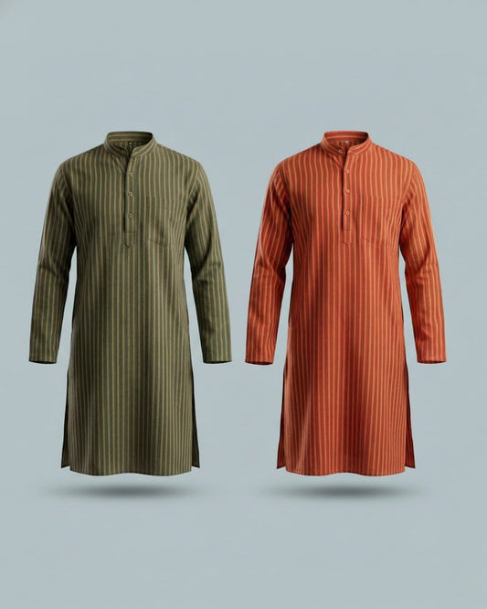 Pack of 2: Premium Khadi Cotton Kurta Combo - Striped Olive Green & Rust