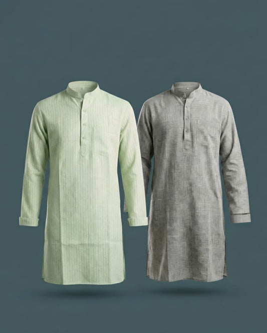 Pack of 2: Premium Khadi Cotton Kurta Combo - Mint Green & Textured Grey