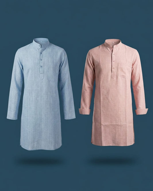 Pack of 2: Premium Khadi Cotton Kurta Combo - Light Blue & Soft Pink