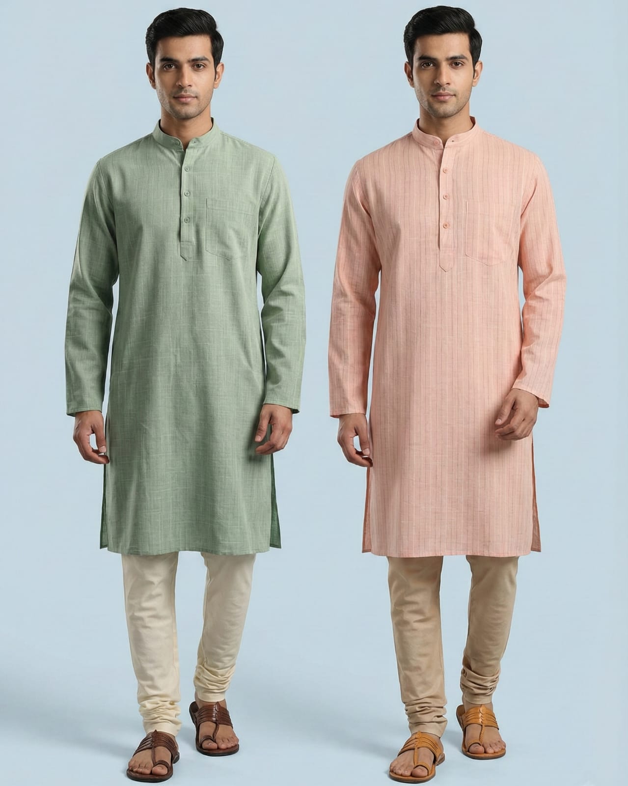 Pack of 2: Premium Khadi Cotton Kurta Combo - Sage Green & Soft Peach