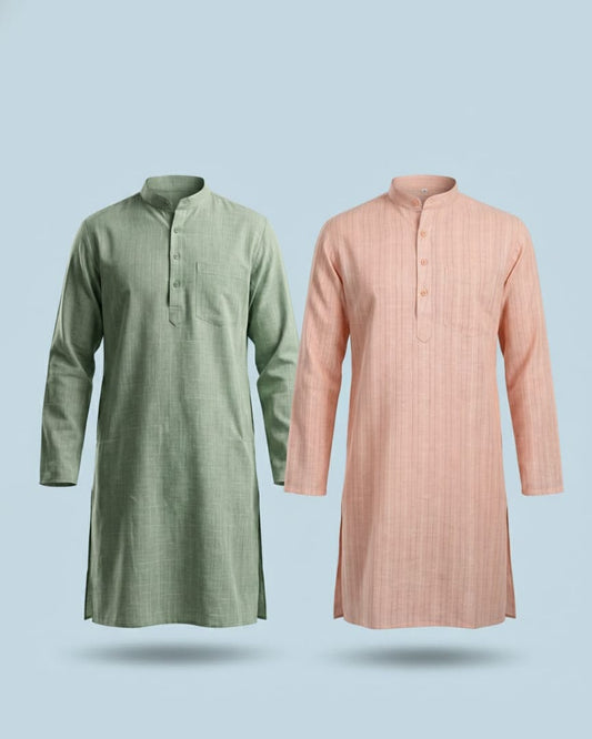 Pack of 2: Premium Khadi Cotton Kurta Combo - Sage Green & Soft Peach