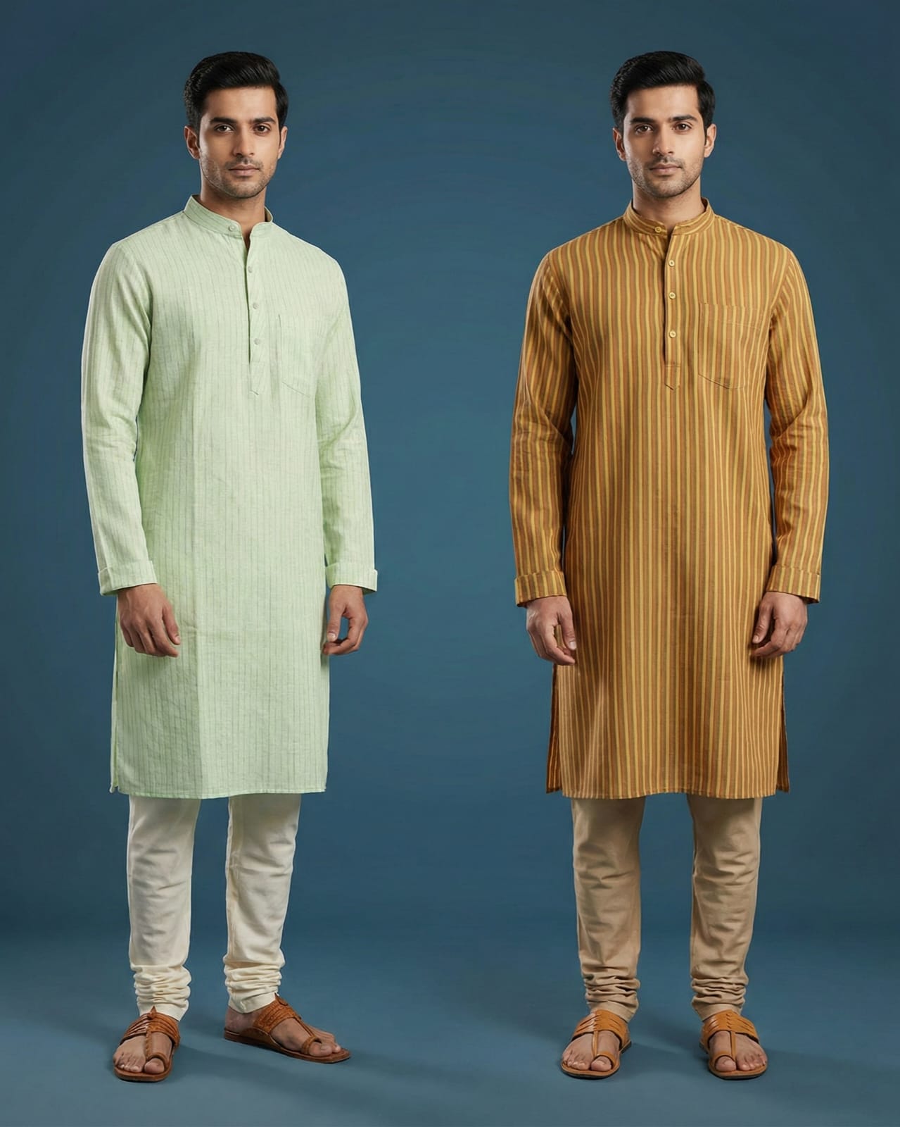 Pack of 2: Premium Khadi Cotton Kurta Combo - Striped Mint Green & Mustard