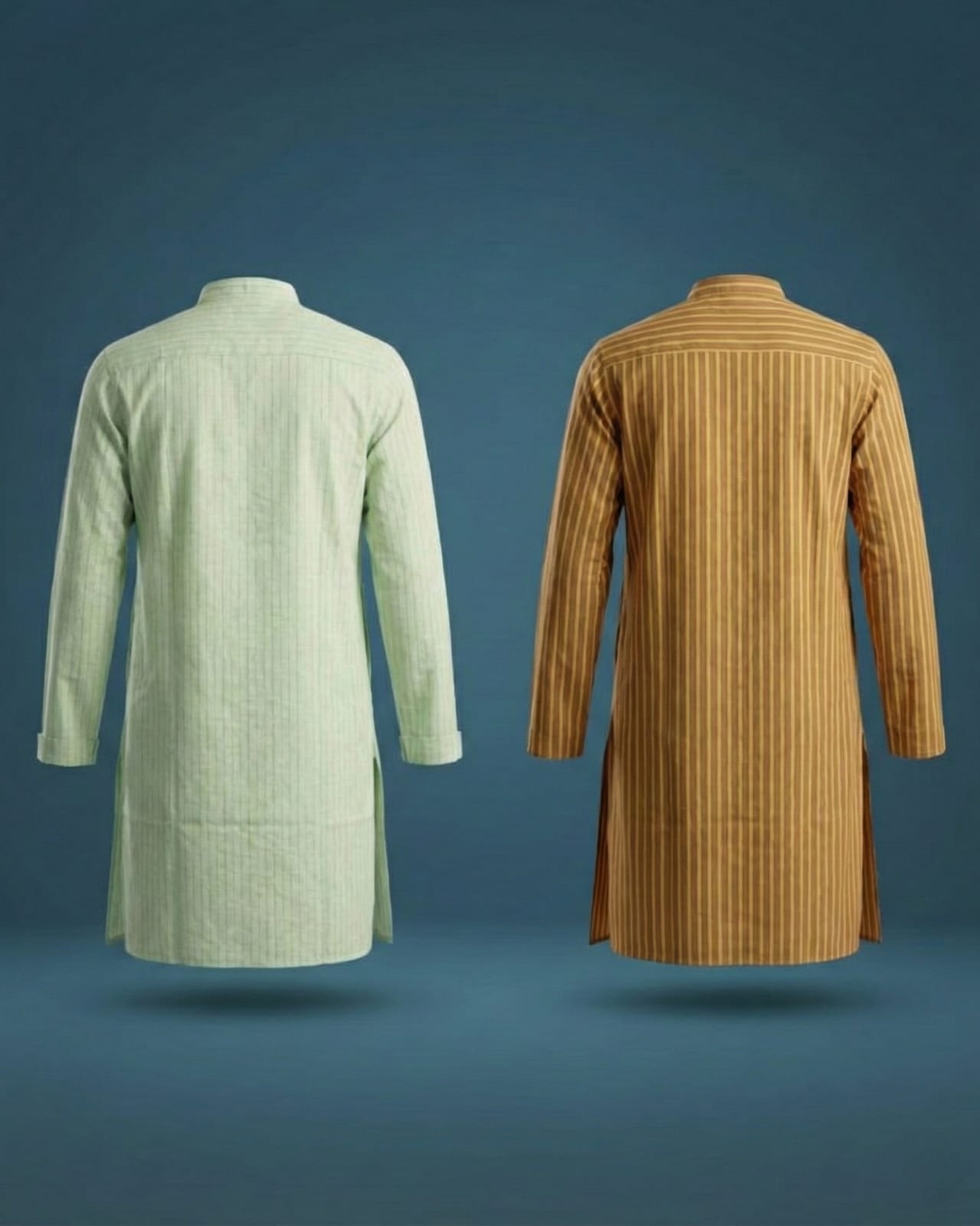 Pack of 2: Premium Khadi Cotton Kurta Combo - Striped Mint Green & Mustard
