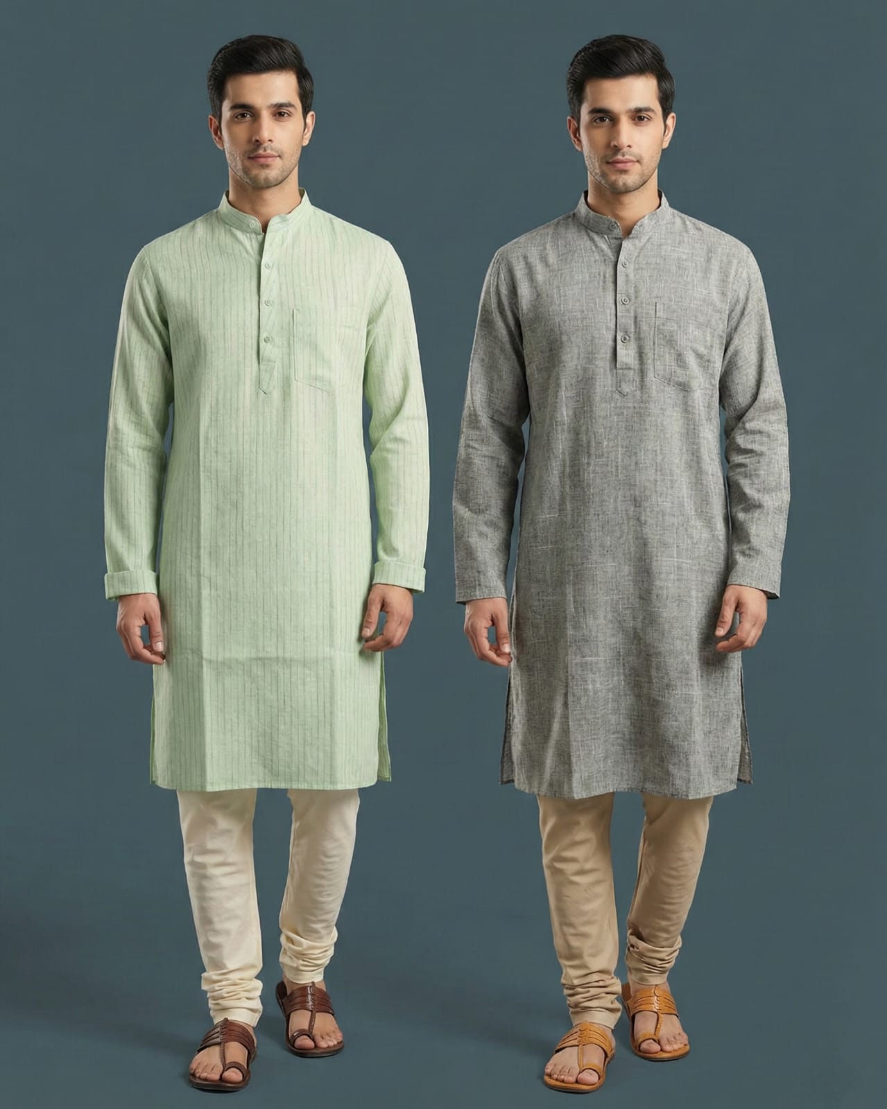 Pack of 2: Premium Khadi Cotton Kurta Combo - Mint Green & Textured Grey