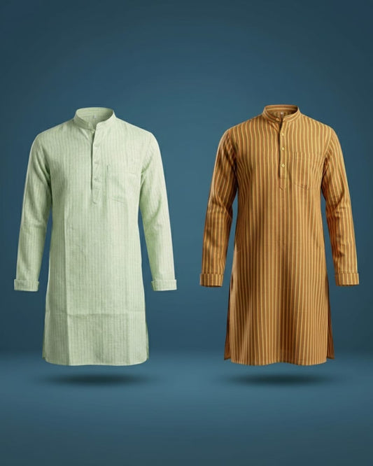 Pack of 2: Premium Khadi Cotton Kurta Combo - Striped Mint Green & Mustard