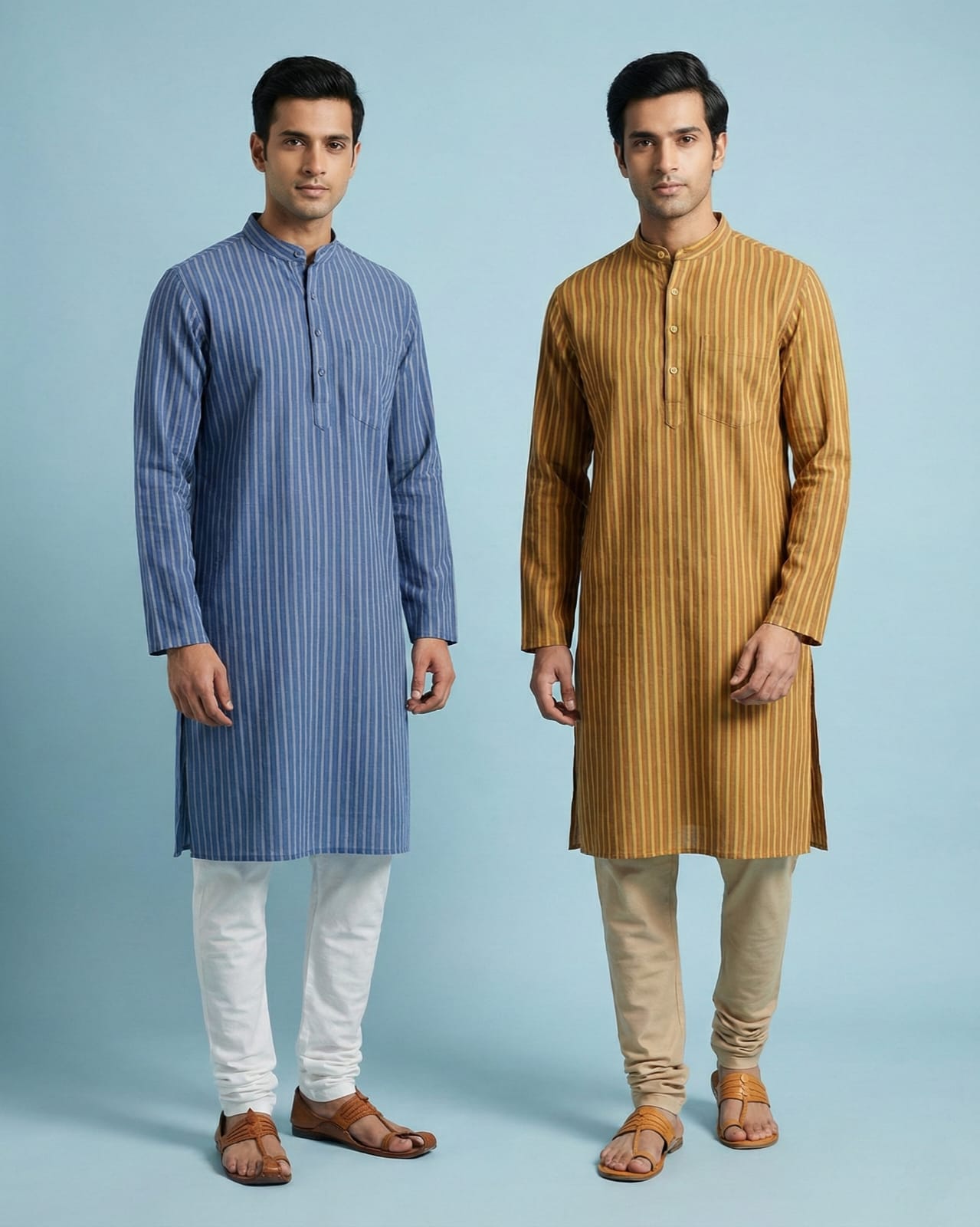 Pack of 2: Premium Khadi Cotton Kurta Combo - Striped Blue & Mustard