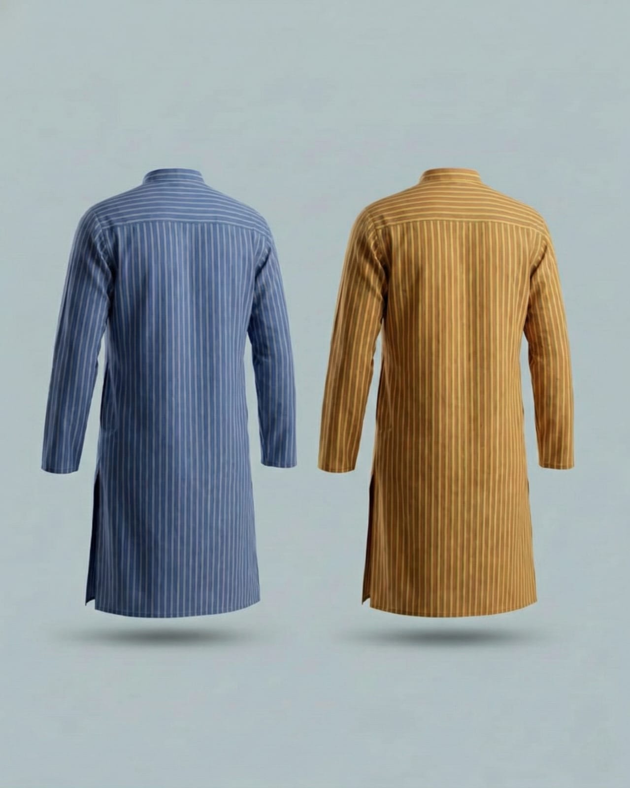 Pack of 2: Premium Khadi Cotton Kurta Combo - Striped Blue & Mustard