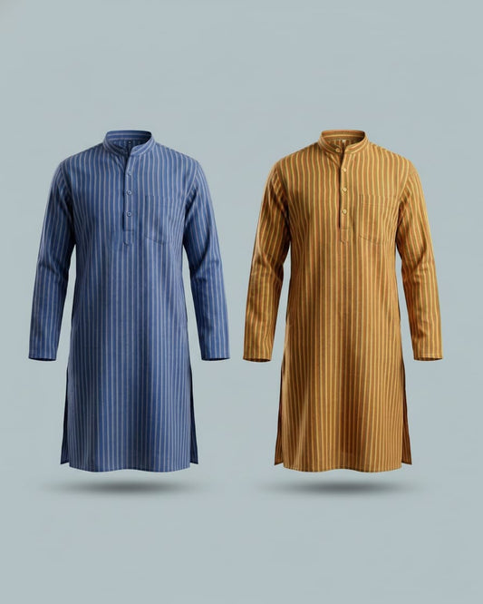 Pack of 2: Premium Khadi Cotton Kurta Combo - Striped Blue & Mustard