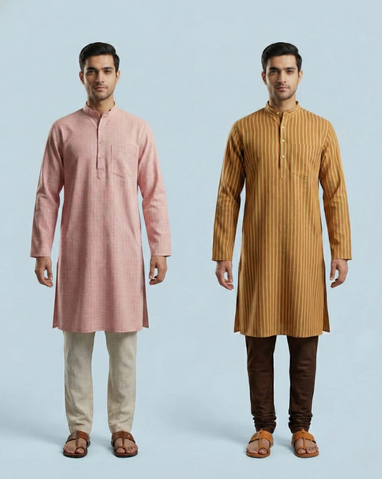 Pack of 2: Premium Khadi Cotton Kurta Combo - Textured Pink & Striped Mustard