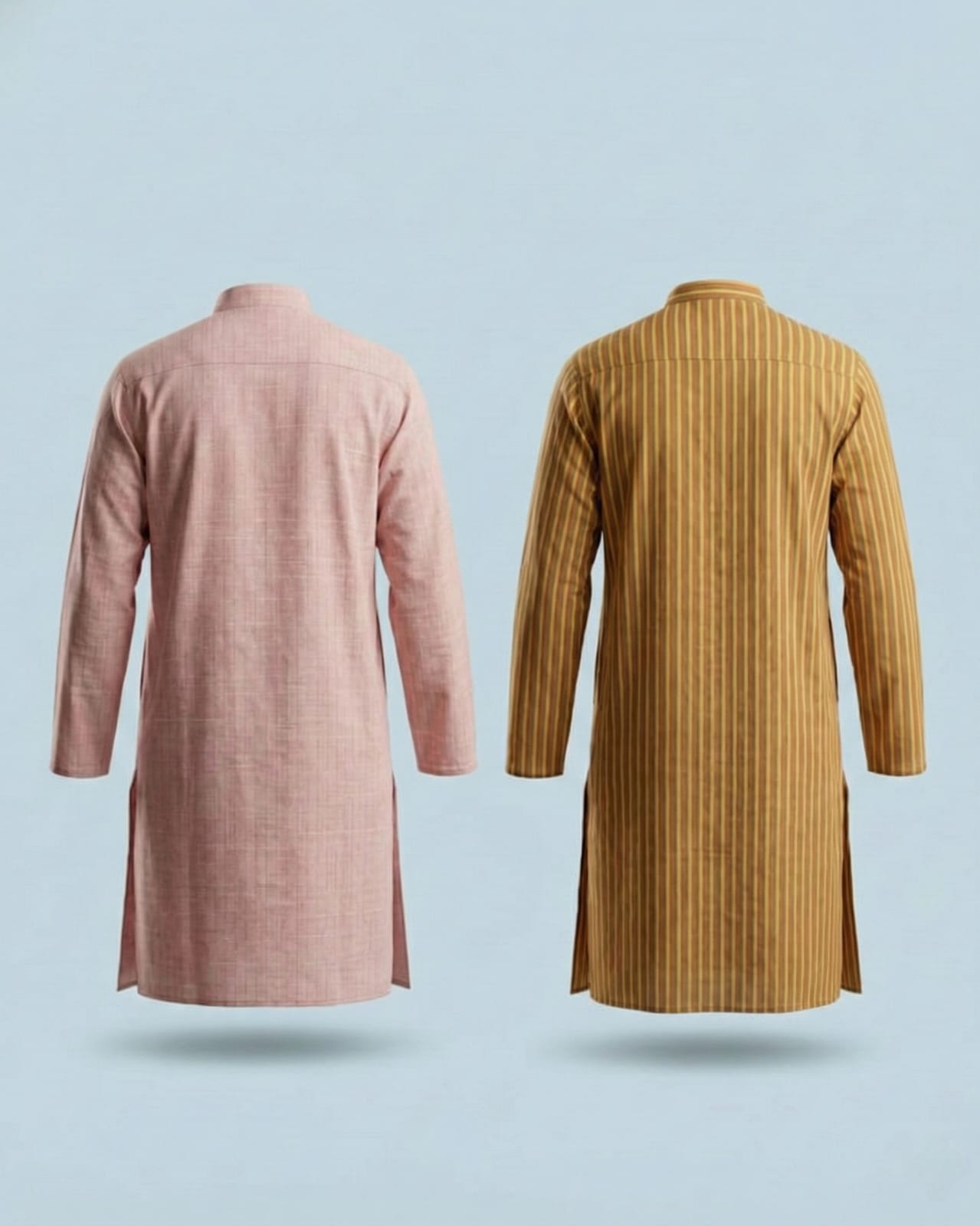 Pack of 2: Premium Khadi Cotton Kurta Combo - Textured Pink & Striped Mustard