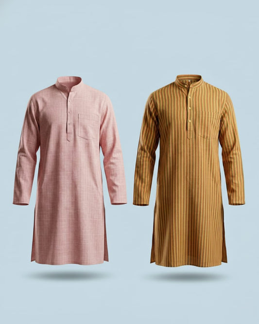 Pack of 2: Premium Khadi Cotton Kurta Combo - Textured Pink & Striped Mustard