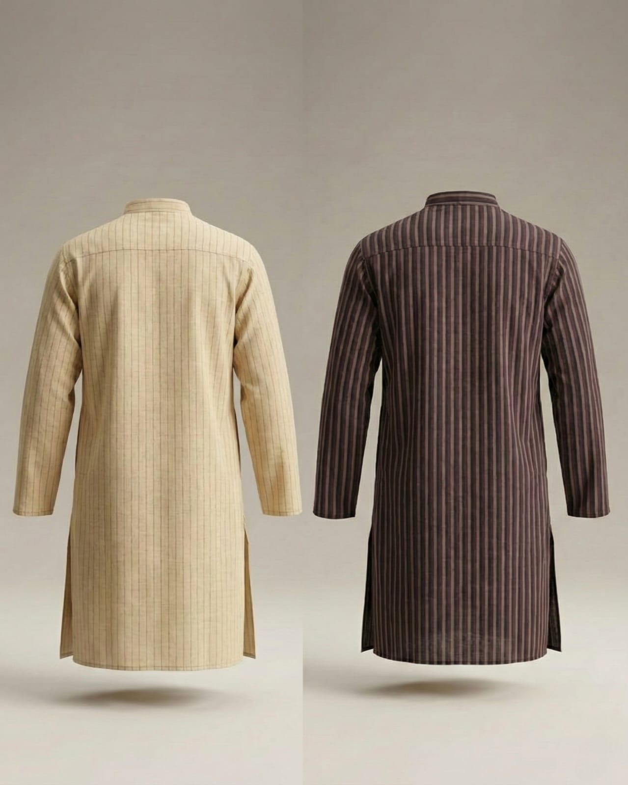Pack of 2: Premium Khadi Cotton Kurta Combo - Striped Beige & Dark Brown