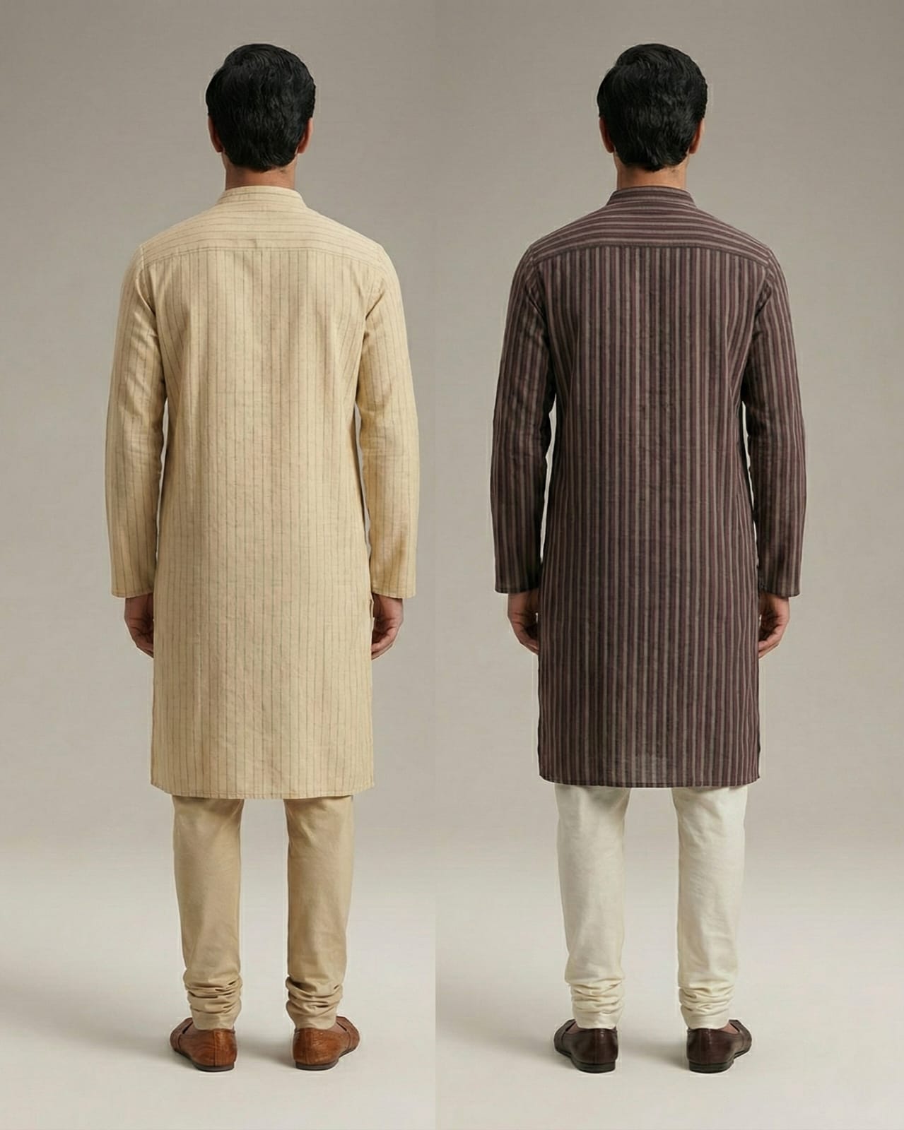 Pack of 2: Premium Khadi Cotton Kurta Combo - Striped Beige & Dark Brown