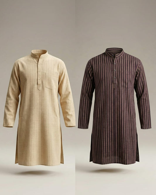 Pack of 2: Premium Khadi Cotton Kurta Combo - Striped Beige & Dark Brown