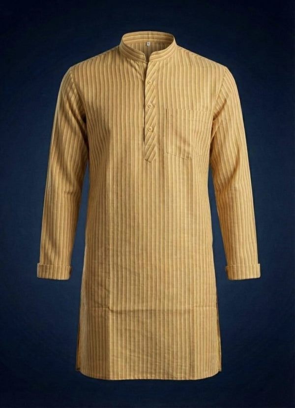 Premium Handwoven Khadi Stripe Kurta – Royal Mustard Tone