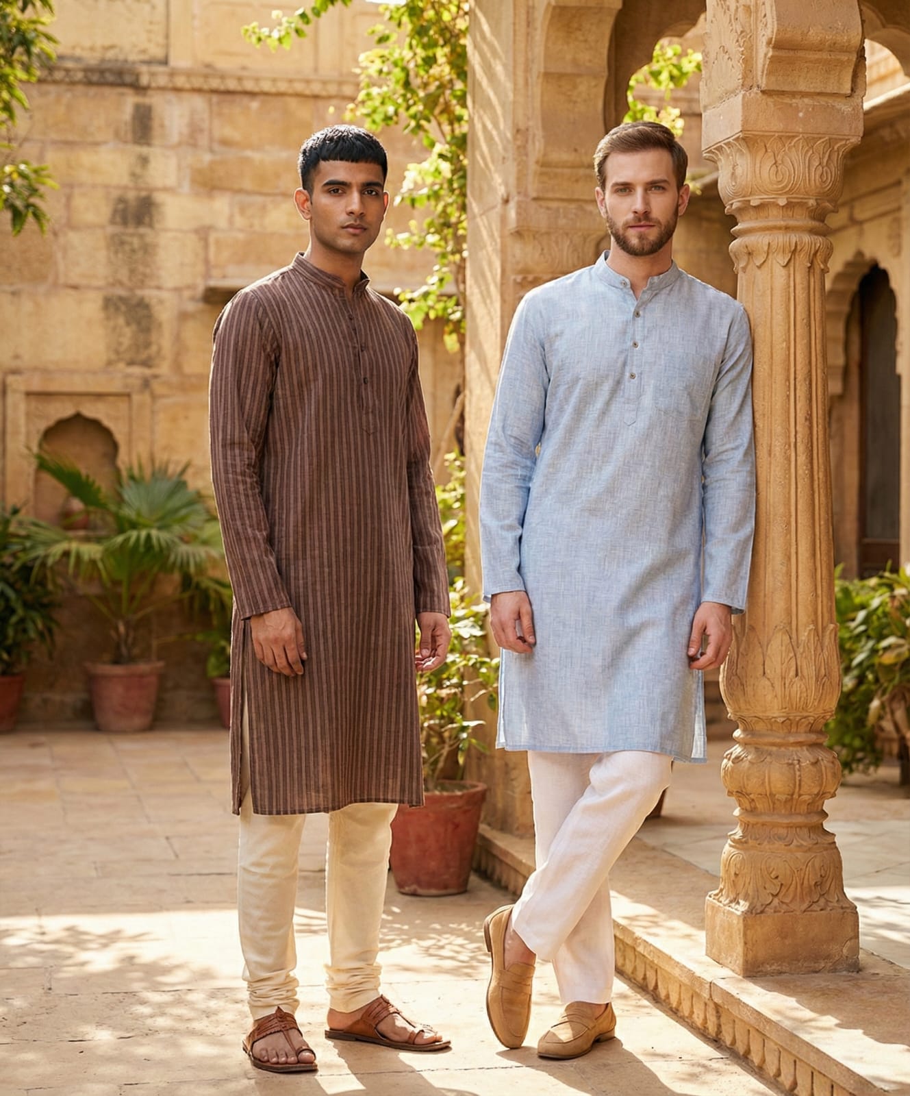 Two male models standing outdoors in a heritage courtyard, showcasing men's standalone long kurtas. Features a brown vertical striped kurta on the left and a light blue textured kurta on the right.