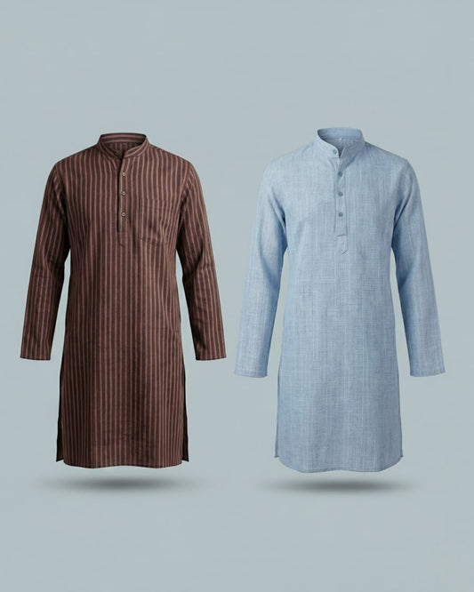 Front view of two men's long kurtas floating against a light grey background. The left kurta is brown with vertical stripes, and the right is a solid light blue with a textured weave. Both feature mandarin collars.