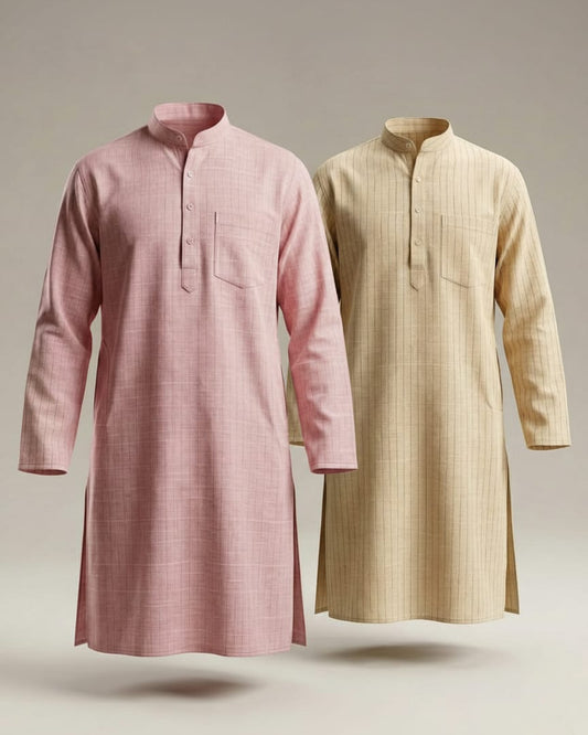 Front view of two men's long kurtas floating against a dark blue studio background. The left kurta is light blue with vertical stripes, and the right is light green with stripes and folded sleeves. Both feature mandarin collars.