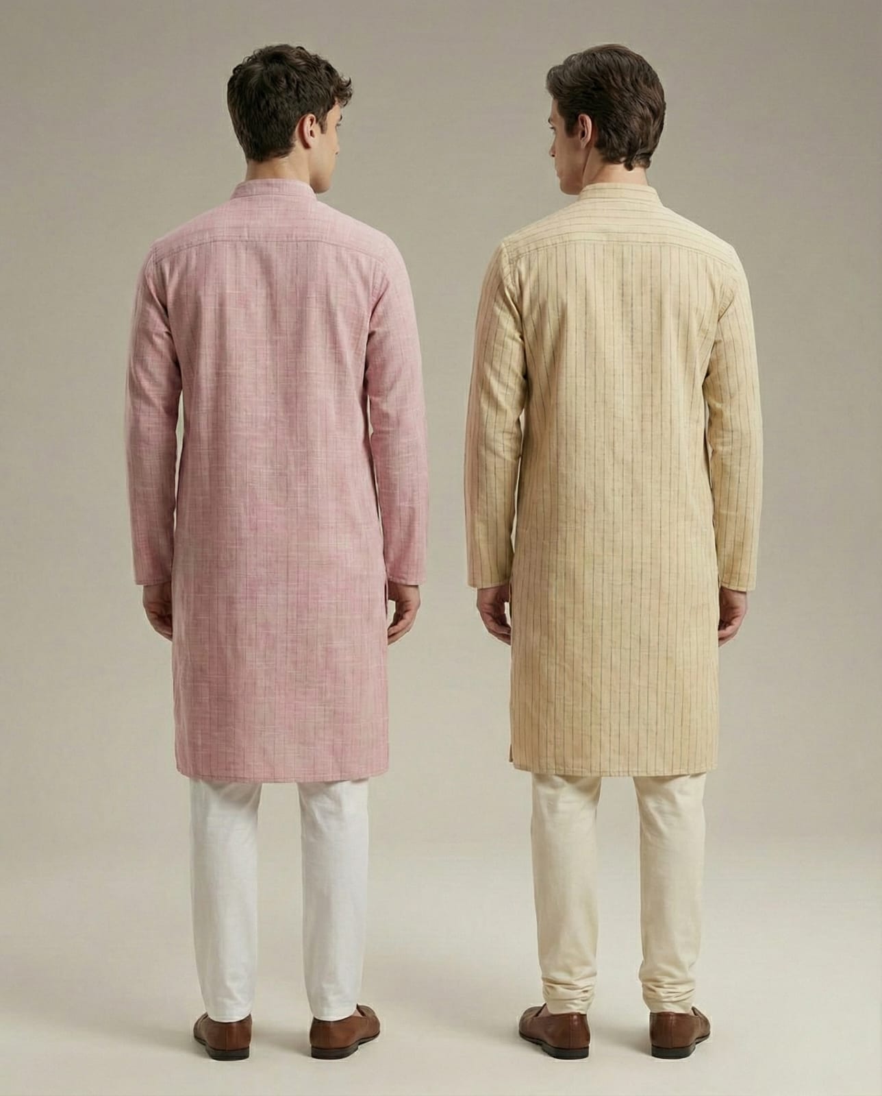 Back view of two men outdoors at a cafe setting, showcasing standalone long kurtas. The standing model wears a light blue striped kurta, and the seated model wears a light green striped kurta. (Bottoms not included).