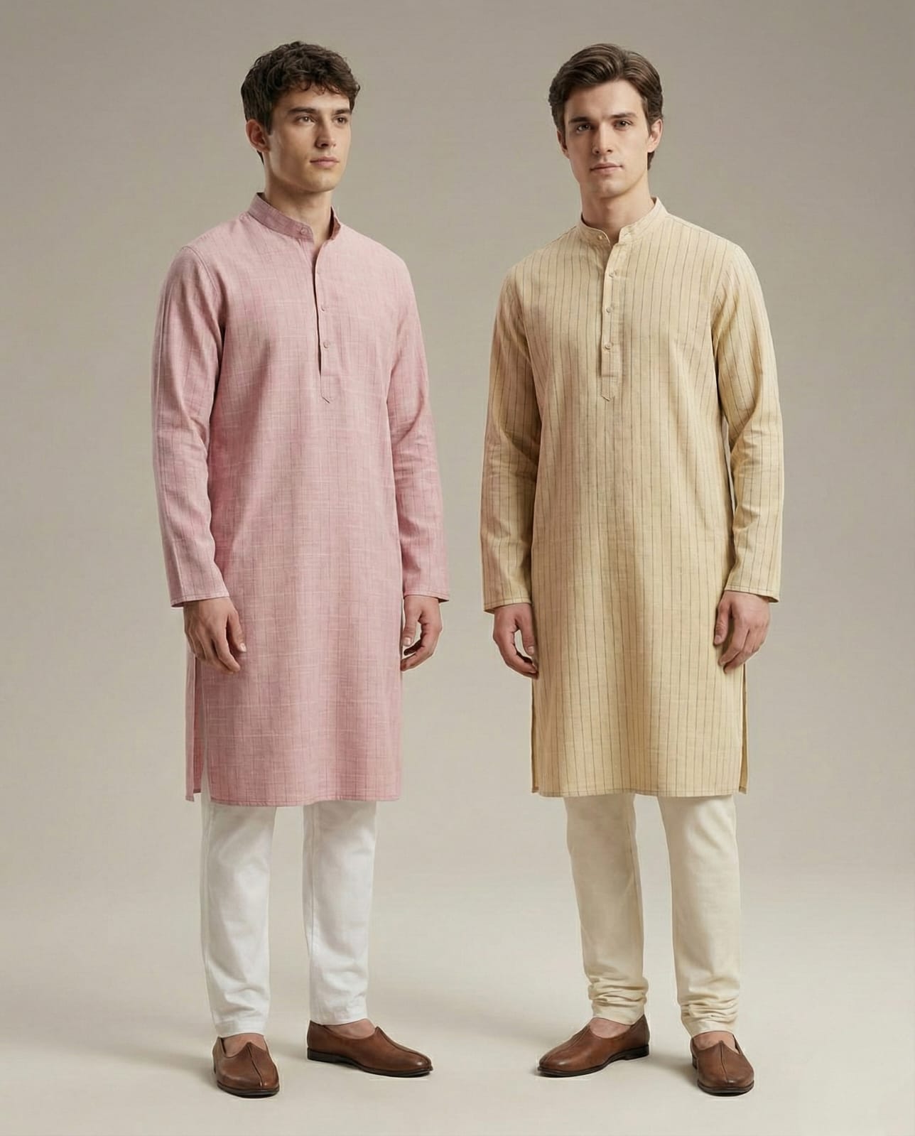 Two men conversing outdoors, showcasing men's standalone kurtas. The standing model wears a light blue striped kurta, while the seated model wears a light green striped kurta. (Bottoms not included).