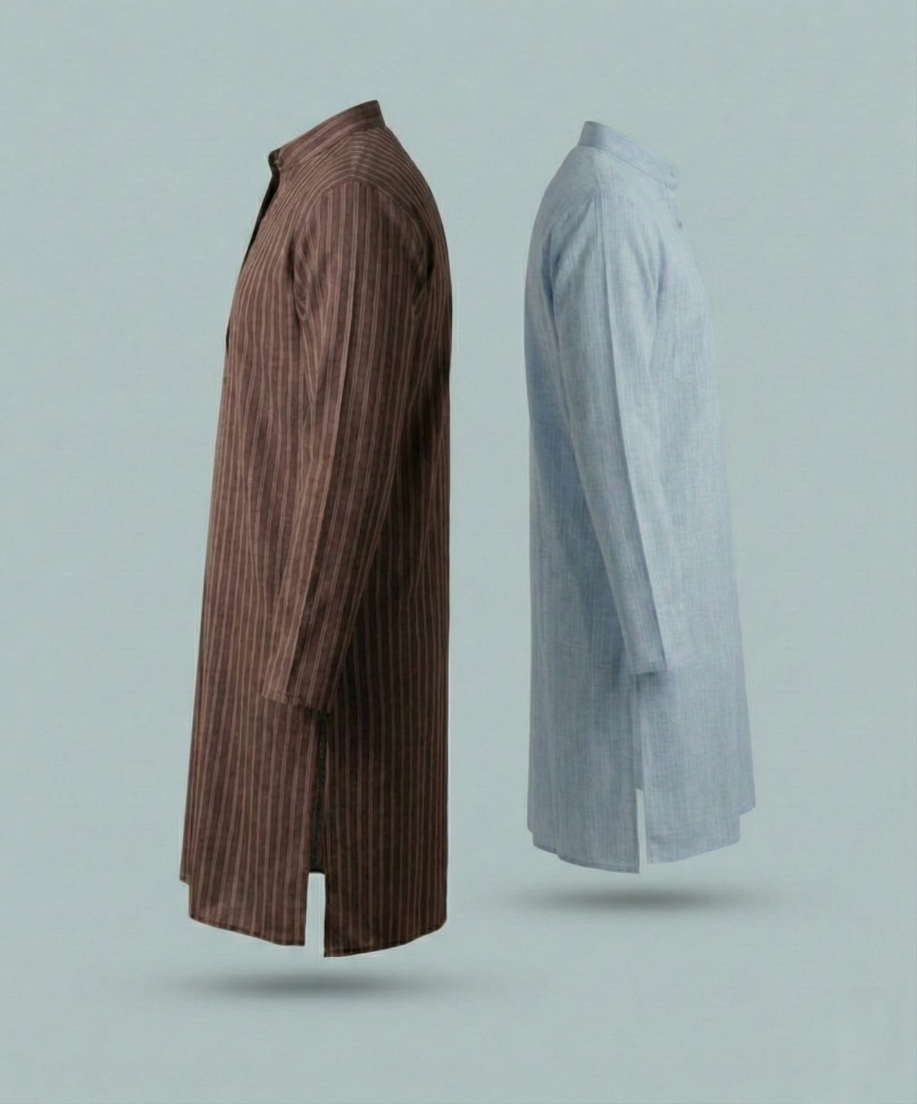 Side profile view of two men's standalone long kurtas floating against a light grey background. Highlights the side slits, sleeve length, and fabric drape of the brown striped and light blue kurtas.