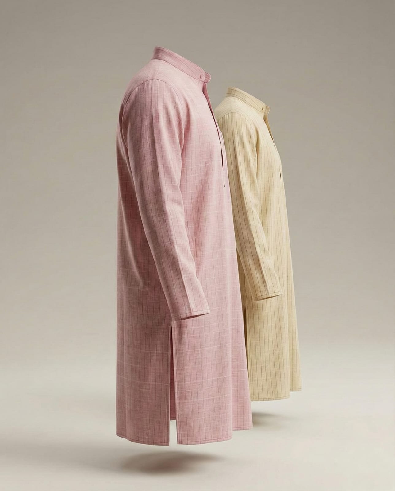 Side profile view of two standalone men's long kurtas floating against a dark blue background. Highlights the side slits and fabric drape of the light blue striped and light green striped kurtas.