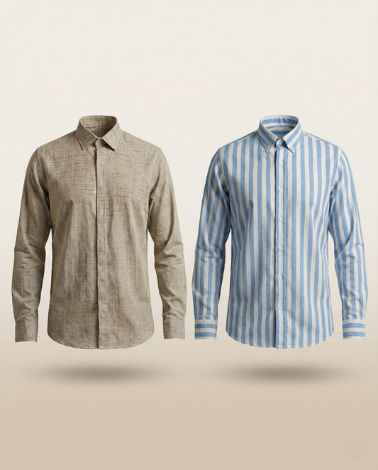 MG Swadeshi Combo Pack - Beige Textured and Blue Striped Khadi Shirts for men