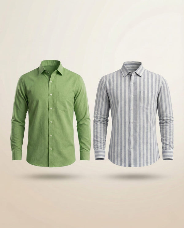 Premium Khadi Shirt Combo – Sage Green & Classic Grey Stripe (Pack of 2)