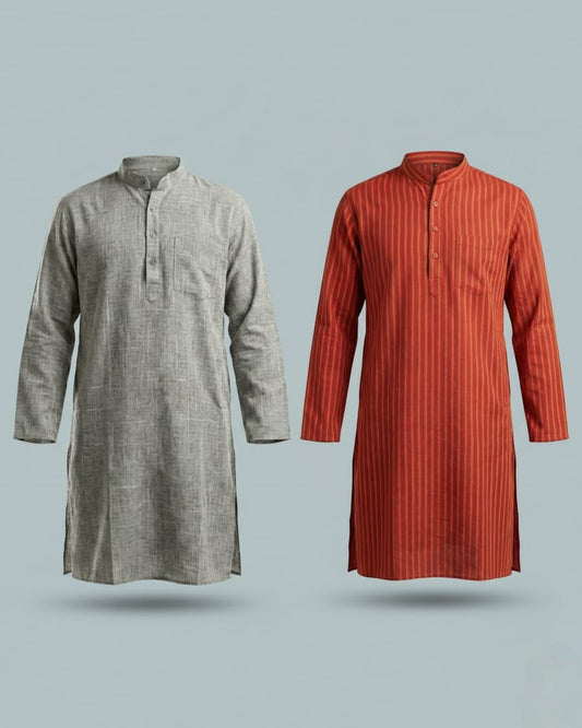 MG Swadeshi Combo Pack - Grey Textured and Rust Orange Striped Khadi Kurtas for men