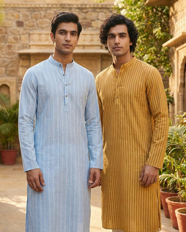 Pack of 2: Men's Premium Khadi Cotton Striped Kurtas (Mustard Yellow & Sky Blue)