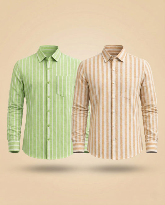 MG Swadeshi Combo Pack - Lime Green and Beige Striped Khadi Shirts for men